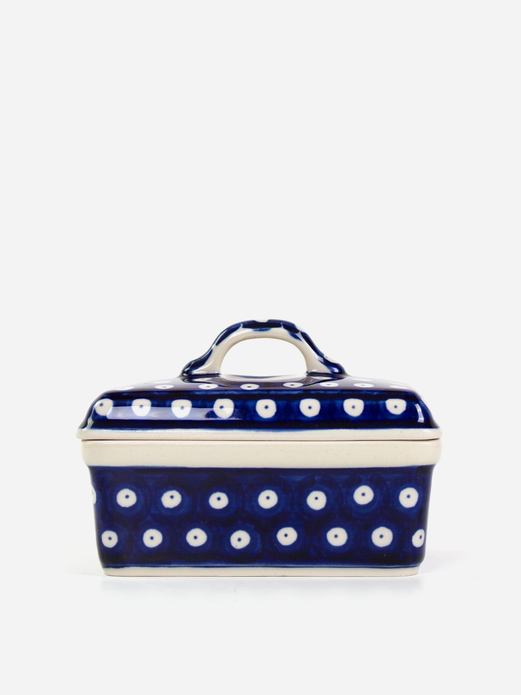 Polishware Handpainted Butter Keeper with traditional blue and white spot design and lid