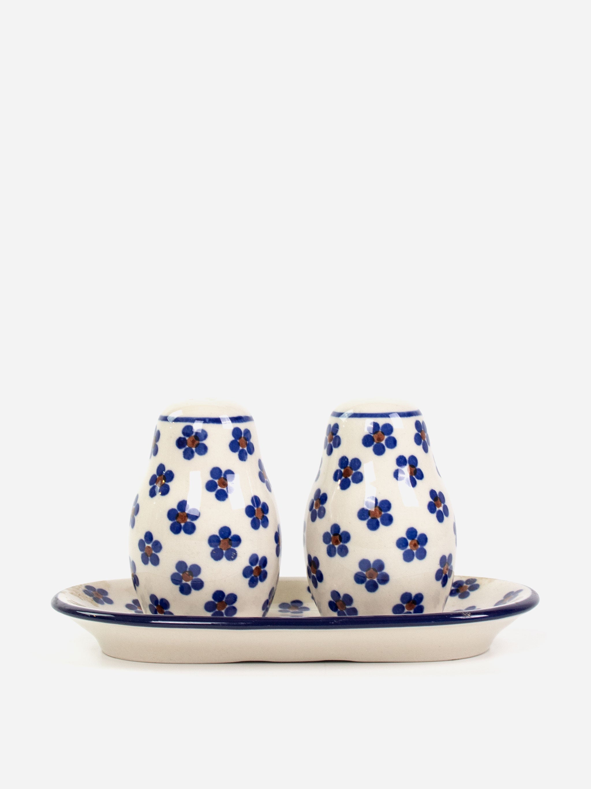 Polishware salt and pepper set on tray with traditional floral blue and white handpainted patterns