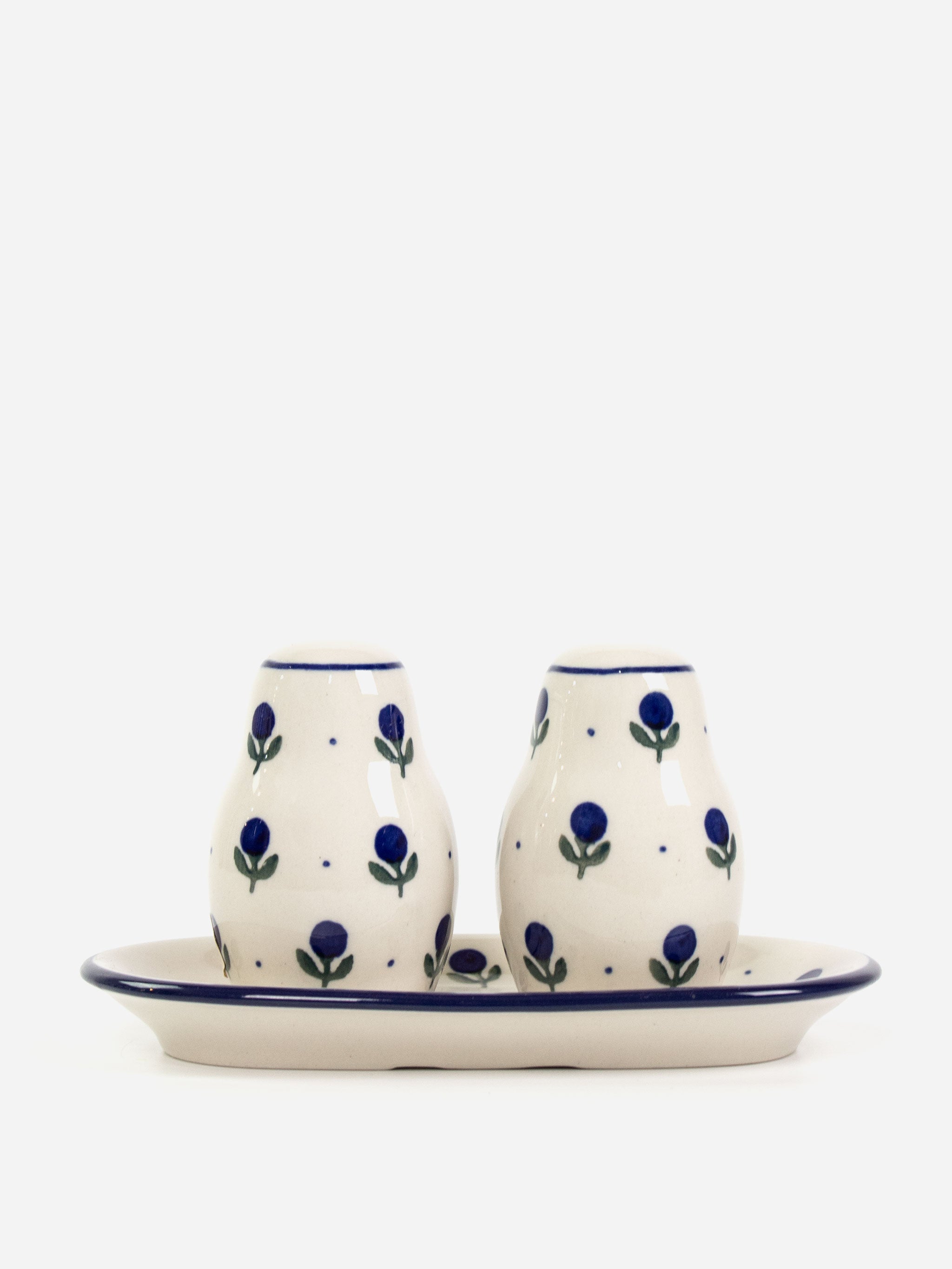 Polishware salt and pepper set on tray with traditional blue and white handpainted patterns