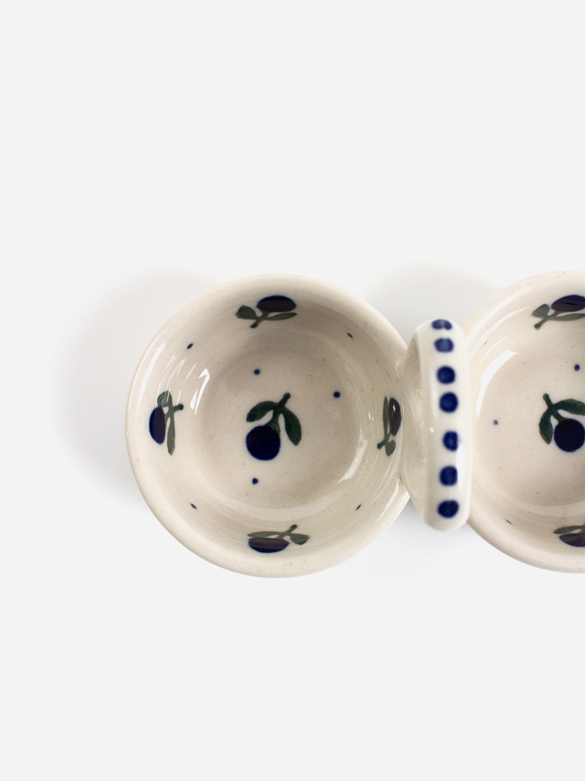 Polishware handpainted double spice dish featuring two side-by-side bowls with handle