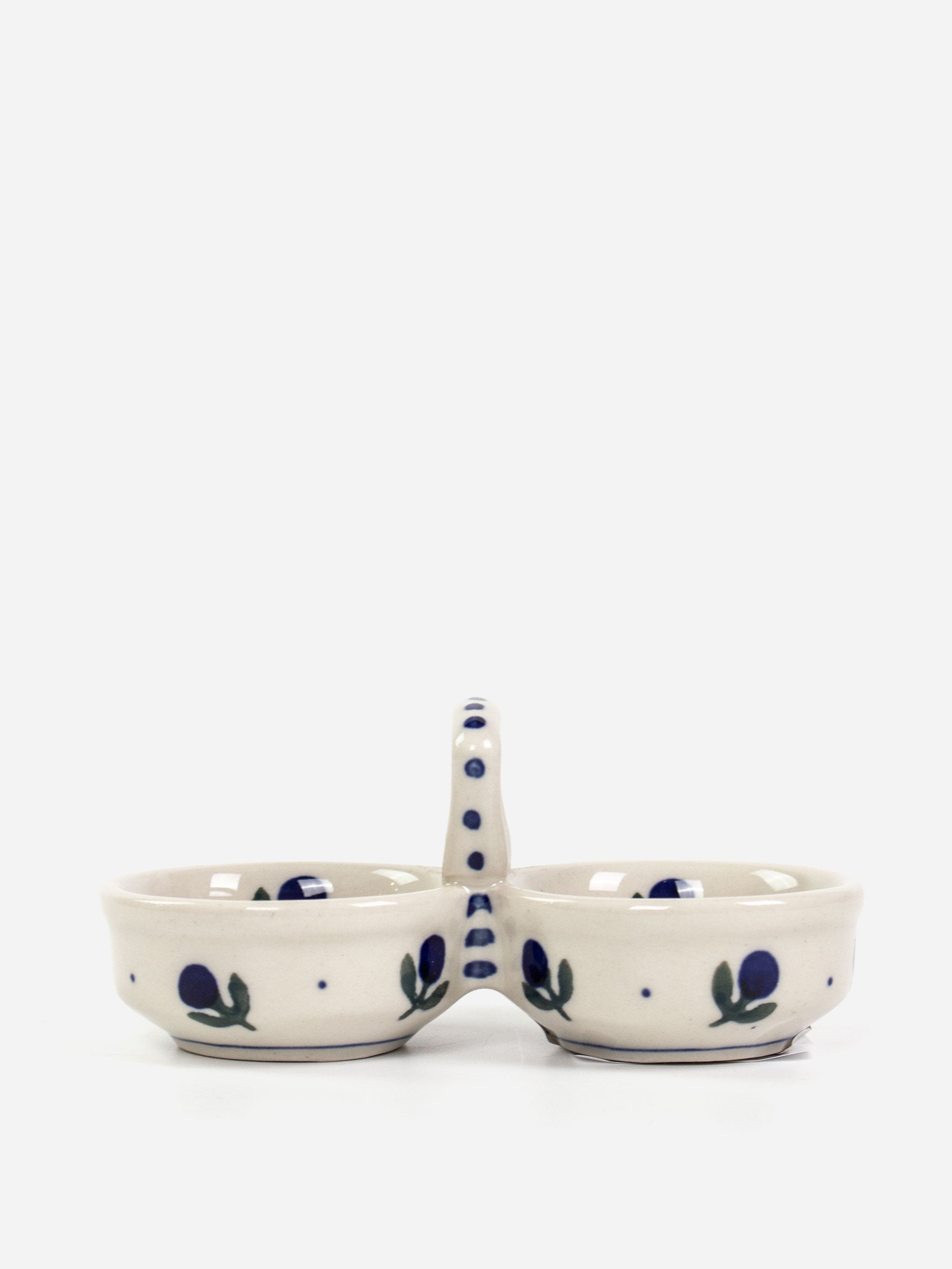 Polishware handpainted double spice dish featuring two side-by-side bowls with handle