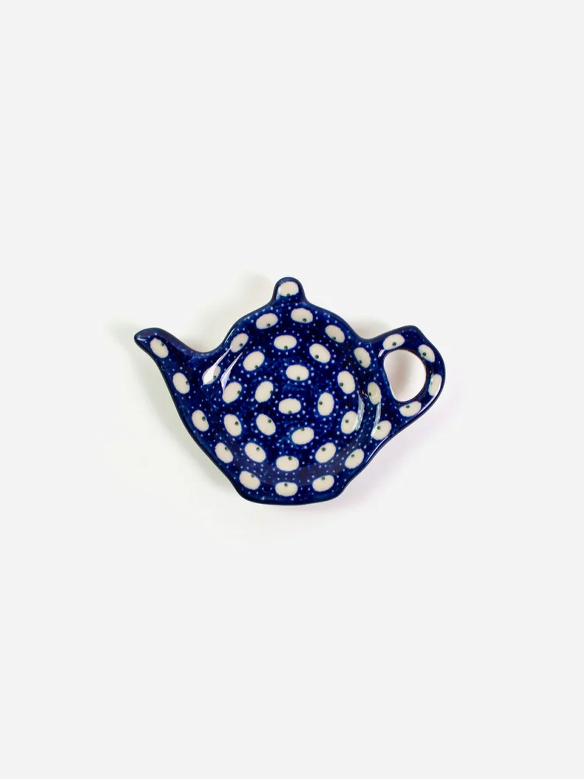 Polishware handpainted ceramic tea bag dish shaped like a tepot with traditional spot pattern