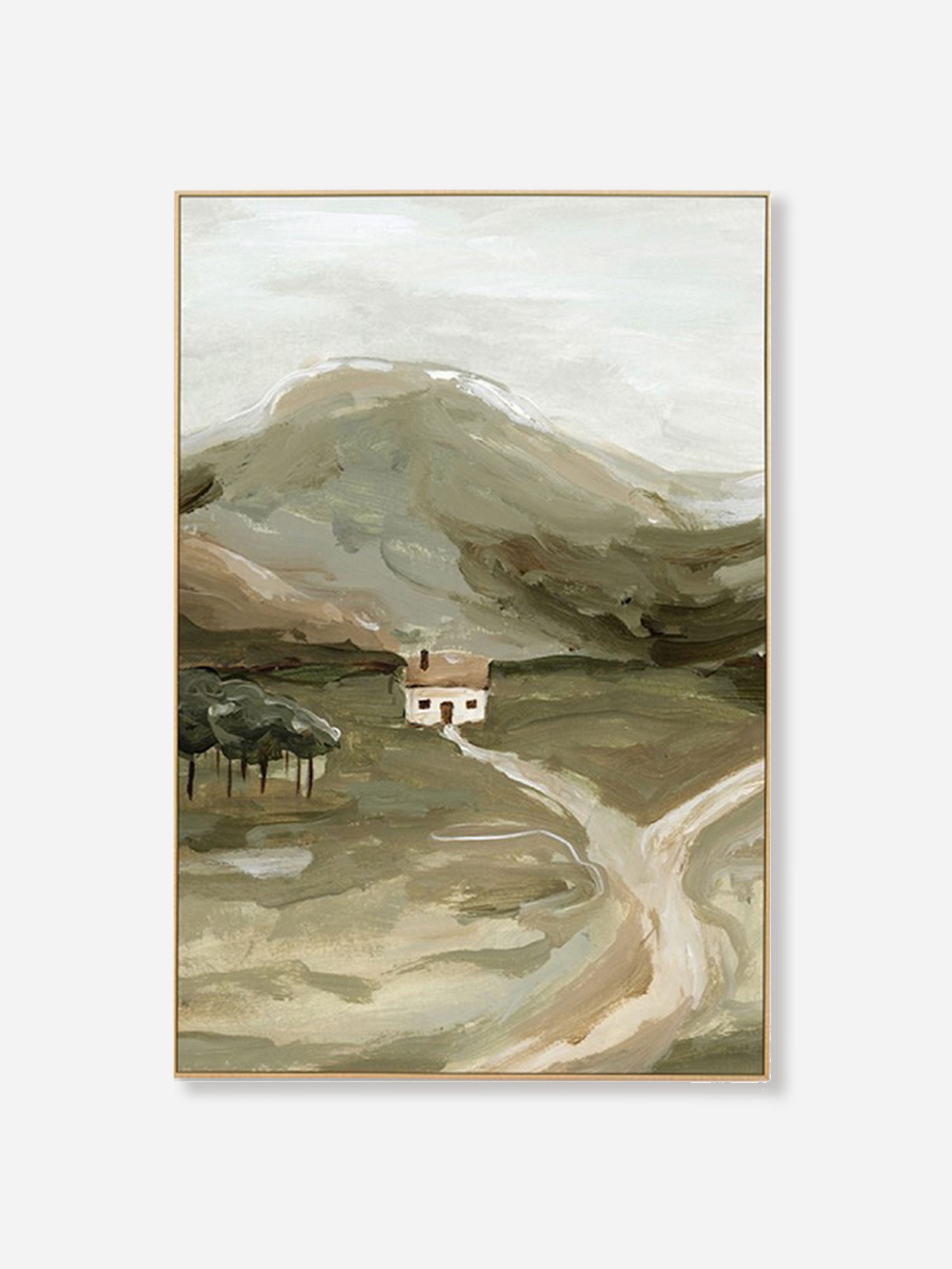 Secluded Cottage Khaki Framed Canvas