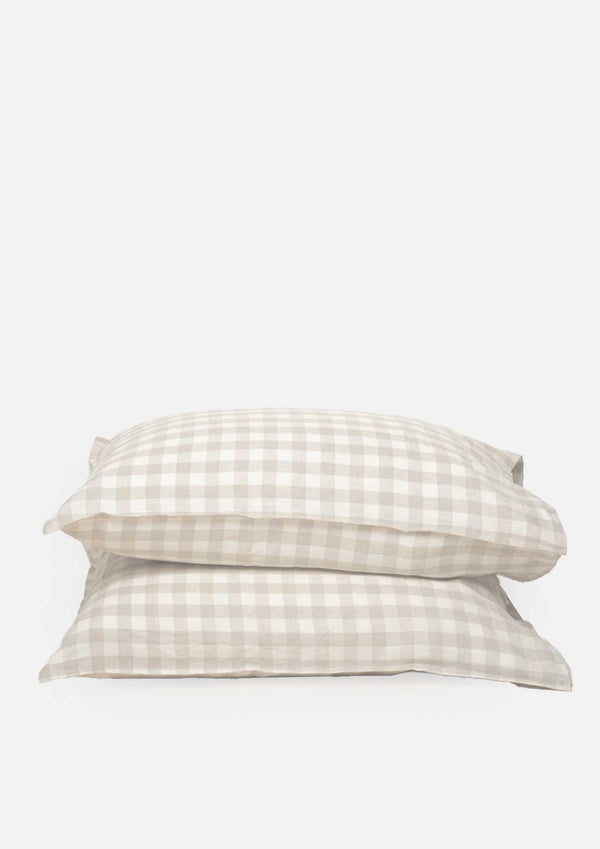 100% Linen Pillowcase Pair - Natural Gingham
