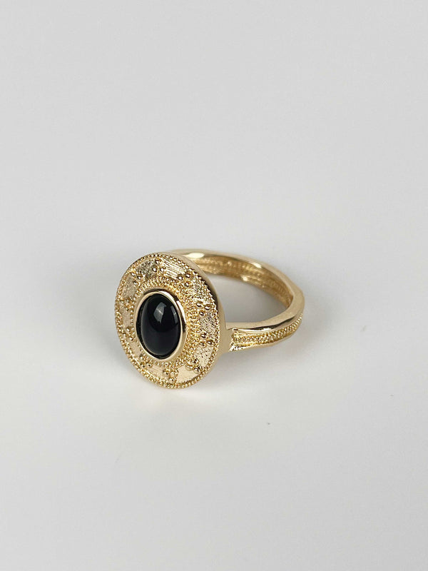 18K Gold Black Onyx Byzantine Ring