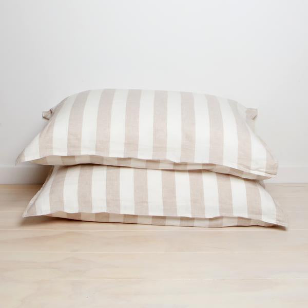 100% Linen Pillowcase Pair- Wide Natural Stripe