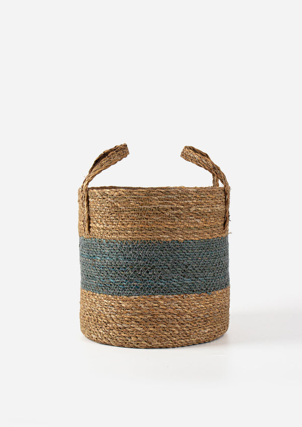 Round Grey Stripe Basket with Handle