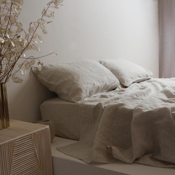 100% Linen Sheet Set - Charcoal Pinstripe
