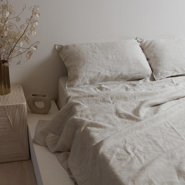 100% Linen Sheet Set - Charcoal Pinstripe