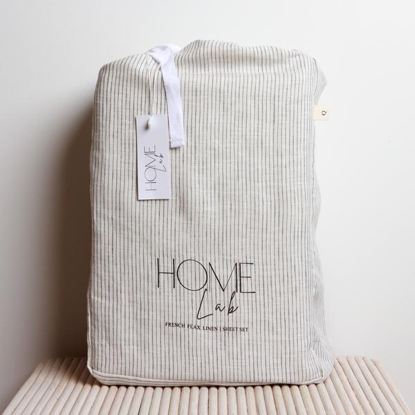 100% Linen Sheet Set - Charcoal Pinstripe