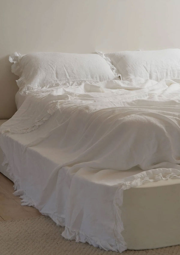 French Linen Ruffle Edge Sheet Set - White