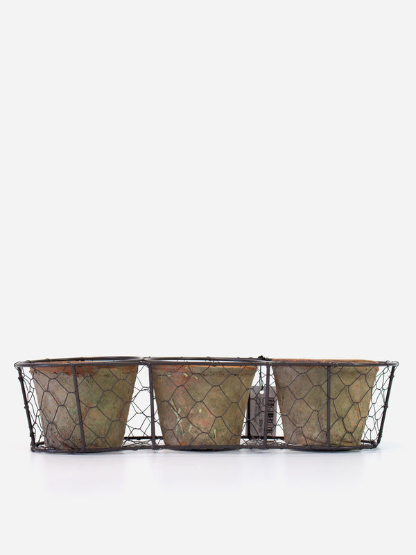 Aged Terracotta Pot Set in Wire Basket