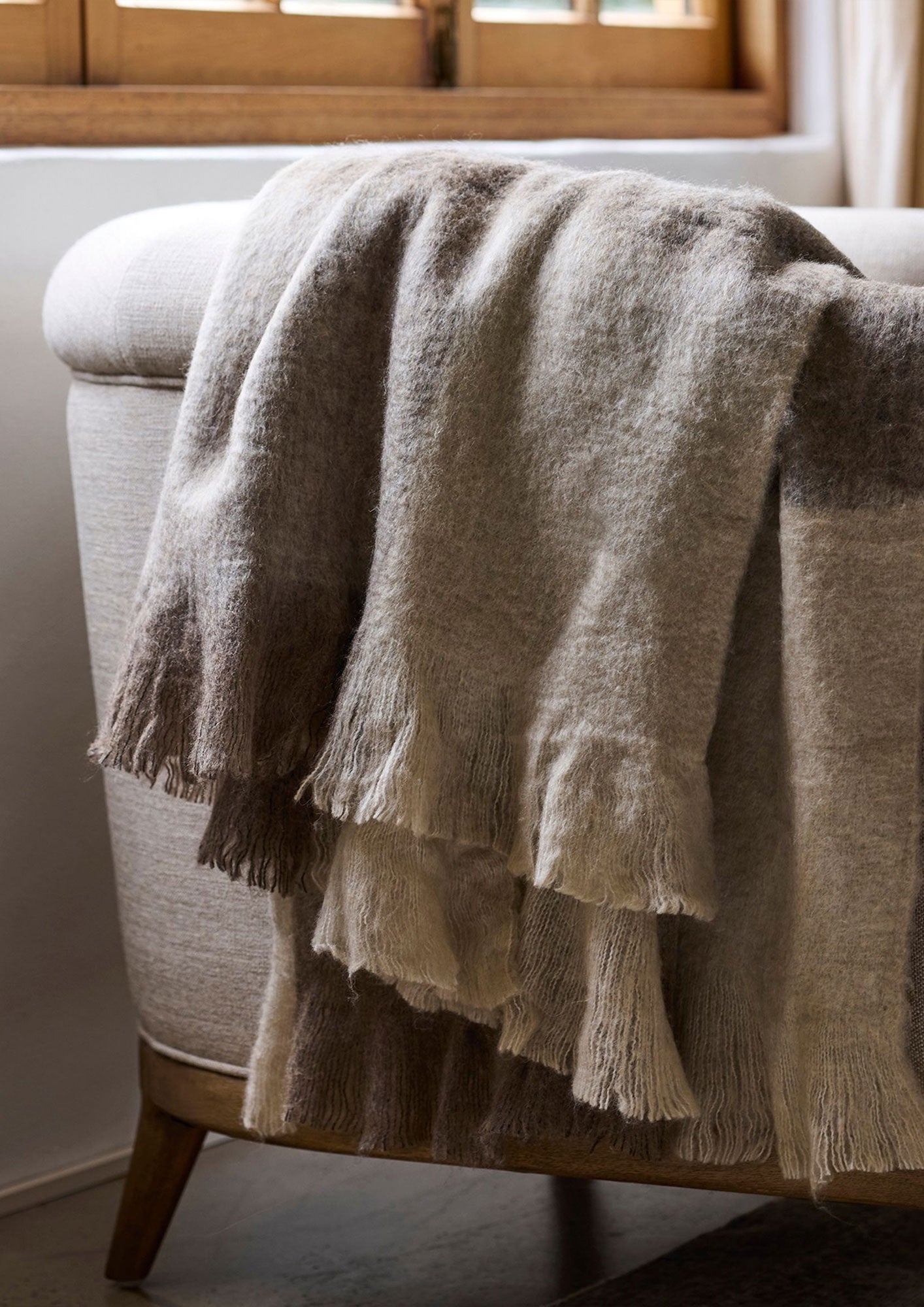 Beige & Brown Plaid Fringe Throw