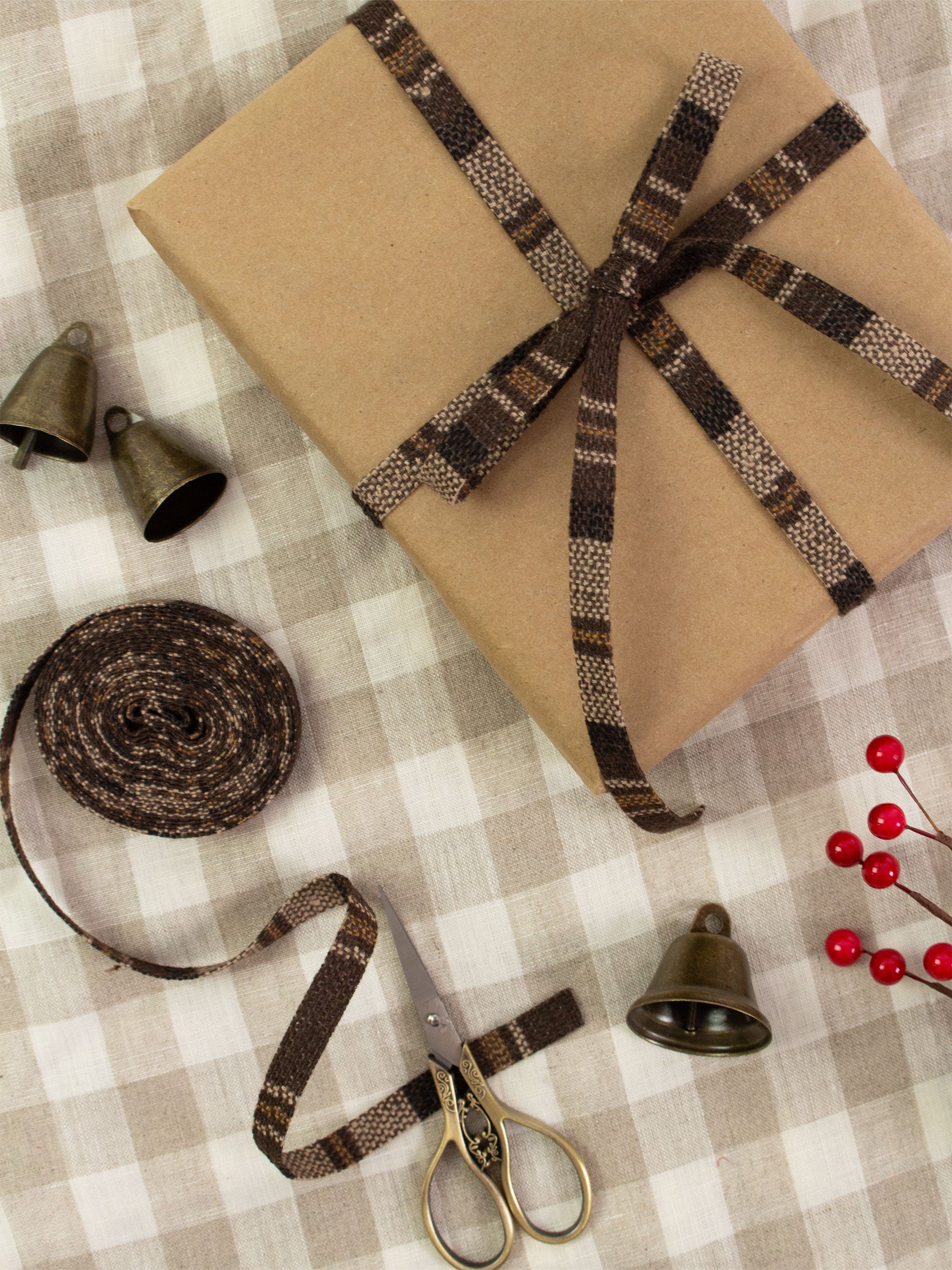 Brown Narrow Plaid Ribbon