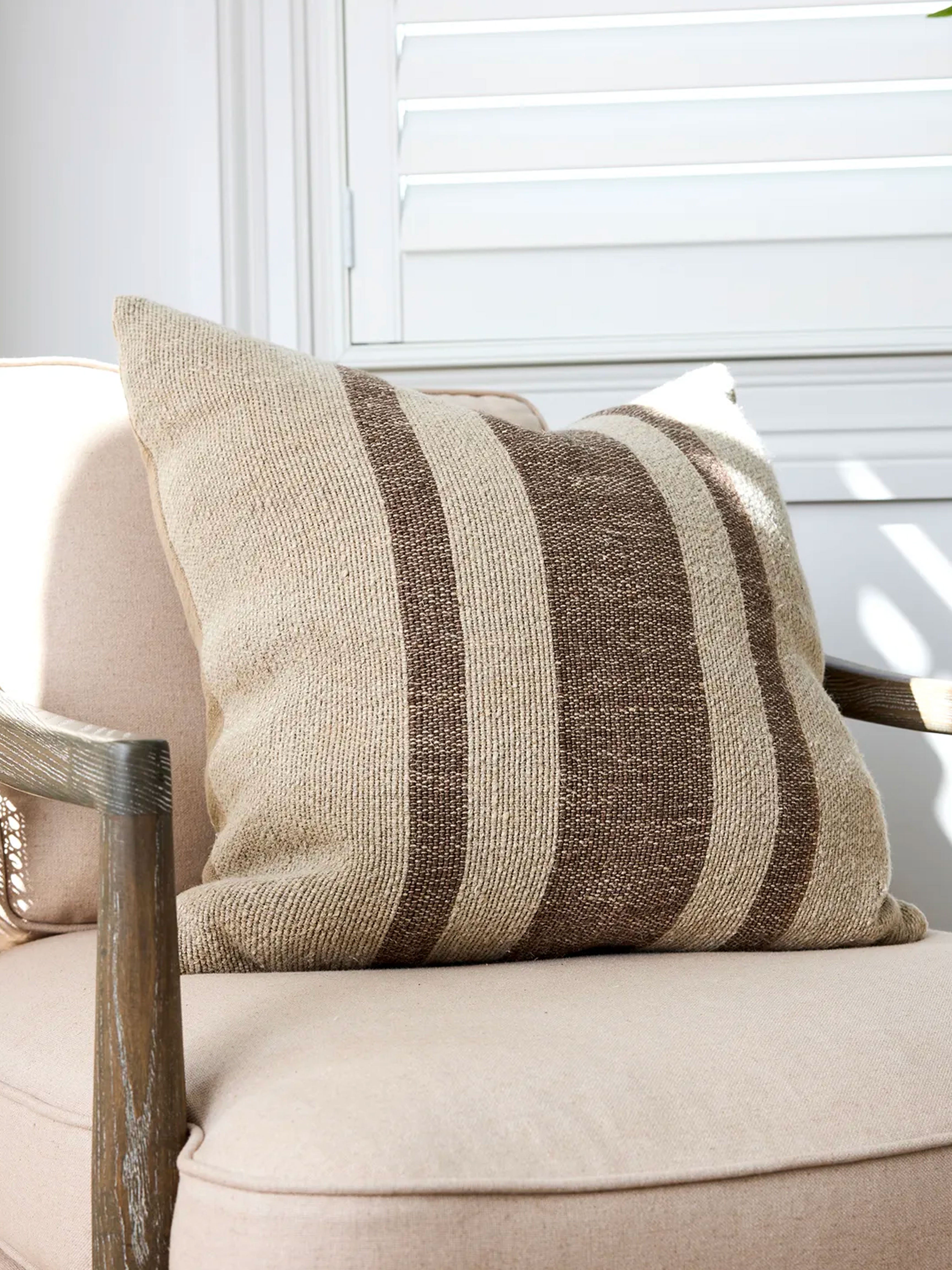 Olive Heavy Linen Stripe Cushion Cover